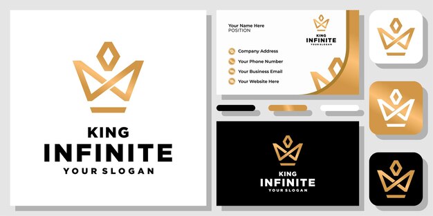 Infinity Crown Loop King Royal Imperial Premium Luxury Gold Logo Design con plantilla de tarjeta de visita