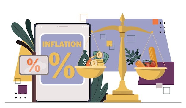 Vector inflación en el concepto de economía escalas de oro con productos y monedas de oro crisis económica y