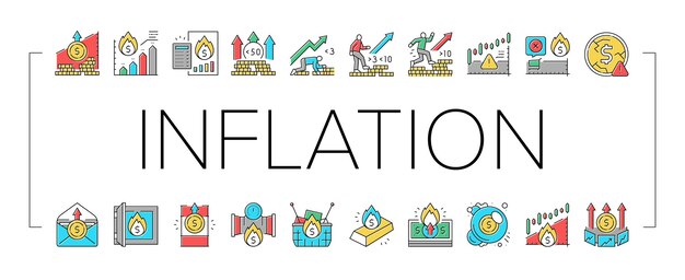 Inflación mundo financiero problema iconos conjunto vector