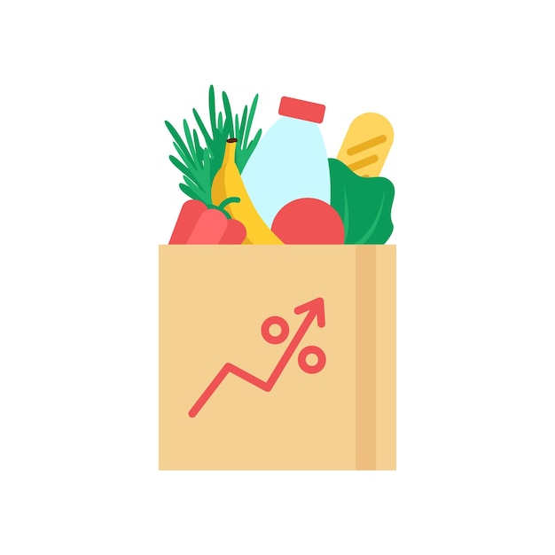 Inflación de precios elevados y crecimiento de las ventas de alimentos. Bolsa de papel con flecha hacia arriba. Crecimiento del precio de los alimentos en el mercado