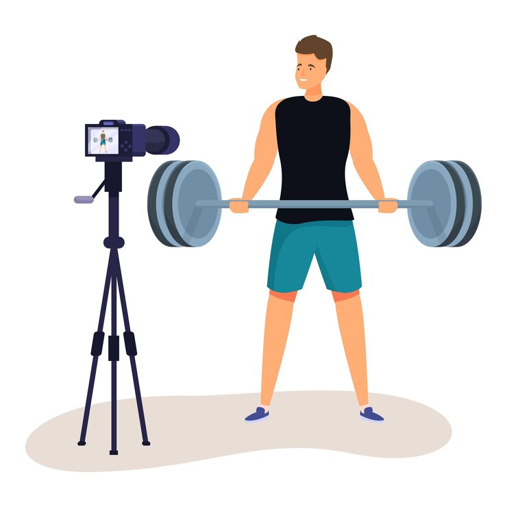 Vector influencer de fitness grabando un curso en línea con una cámara en un trípode