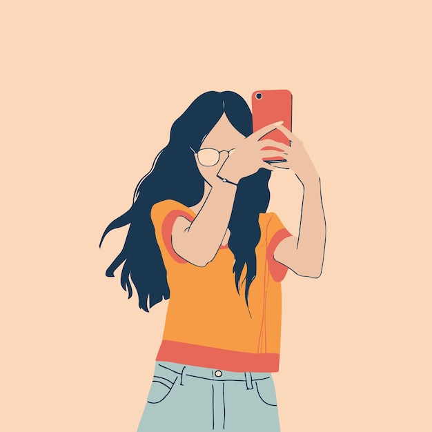 Influencer Girl tomando un selfie con una ilustración gráfica vectorial.