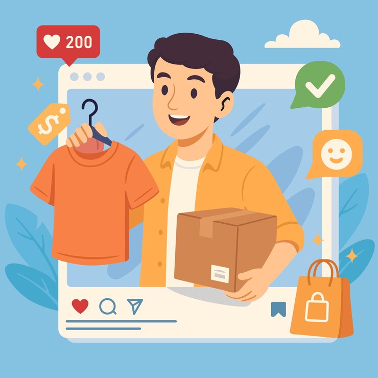 Vector influencer de las redes sociales promoviendo camisetas y compras en línea