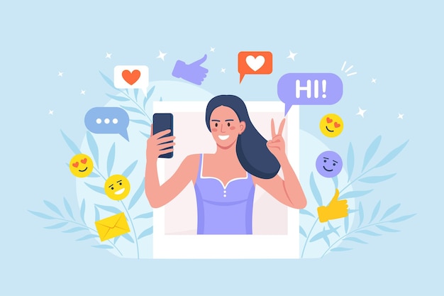 Influencer de las redes sociales en el trabajo. Mujer con teléfono tomando una foto de sí misma para publicarla en línea. Marketing en redes sociales o promoción de redes, SMM para promover activamente el blog en las redes sociales.