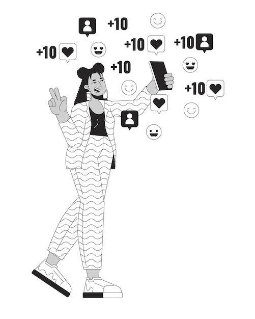 Influencer selfie chica rodeada de gustos sigue el concepto de ilustración en 2D en blanco y negro