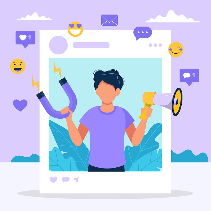 Vector influenciador de redes sociales. ilustración con hombre con megáfono e imán en el marco de perfil social.