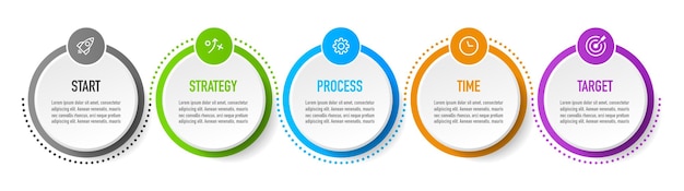 Infografía de 5 opciones de línea de tiempo para presentaciones informe de diagrama de flujo de diagrama de proceso de flujo de trabajo