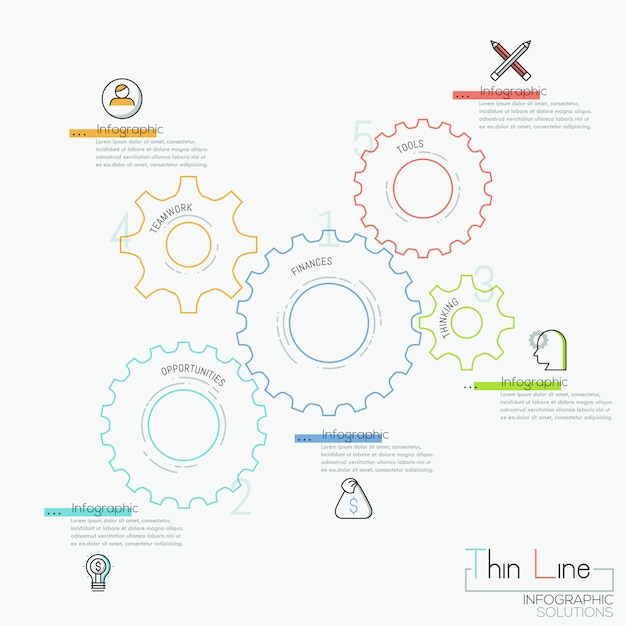 Vector infografía con 5 ruedas dentadas, pictogramas y cuadros de texto.