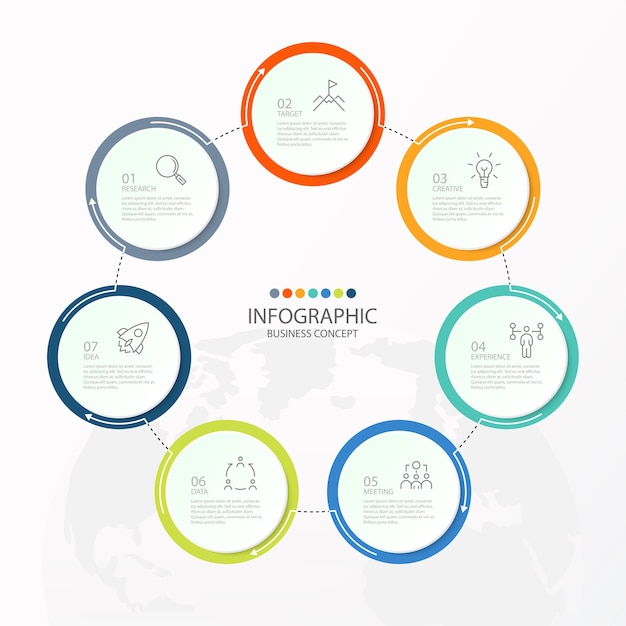 Infografía 7 elementos de círculos y colores básicos para el concepto de negocio actual. Elementos abstractos, opciones, partes o procesos.