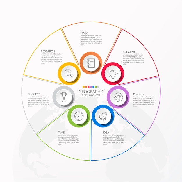 Infografía 7 elementos de círculos y colores básicos para el concepto de negocio actual.