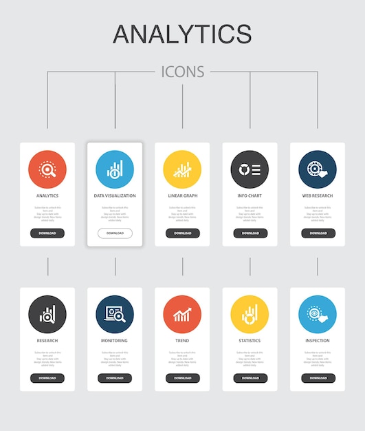 Vector infografía de análisis diseño de interfaz de usuario de 10 pasos.gráfico lineal, investigación web, tendencias, monitoreo de iconos simples