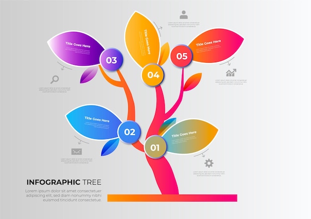 Infografía de árbol con números de iconos y texto de marcador de lugar Diagrama y plantilla de negocio verde