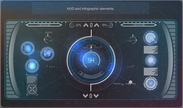 Infografía azul futurista como head-up display. Muestra elementos de navegación para la web y la aplicación.