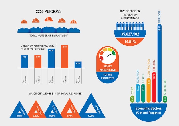 Infografía azul naranja con gráfico de barras gráfico piramidal empleado trabajador mano de obra vector