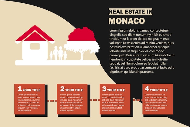 Infografía de bienes raíces con bandera de Mónaco idea residencial o de inversión comprando casa o propiedad