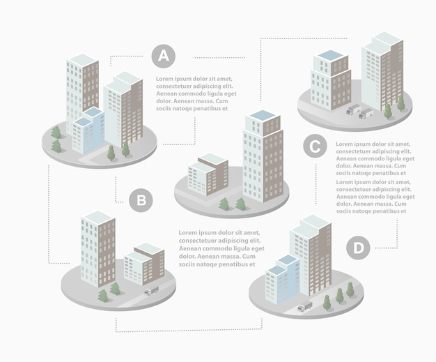 Infografía con casas isométricas y paisaje urbano.