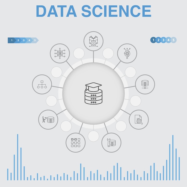 Infografía de ciencia de datos con iconos. contiene iconos como aprendizaje automático, big data, base de datos, clasificación