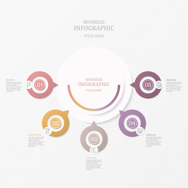 Infografía cinco elementos círculos e iconos para el concepto de negocio actual.