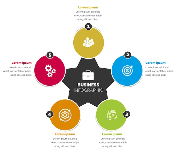 Infografía circular 5 Puntos de datos Negocios Iconos planos