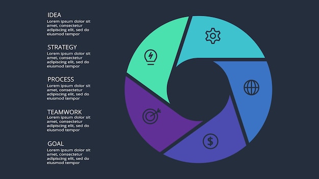 Infografía circular oscura con plantilla de 5 elementos para web en una presentación de negocios de fondo negro Vector
