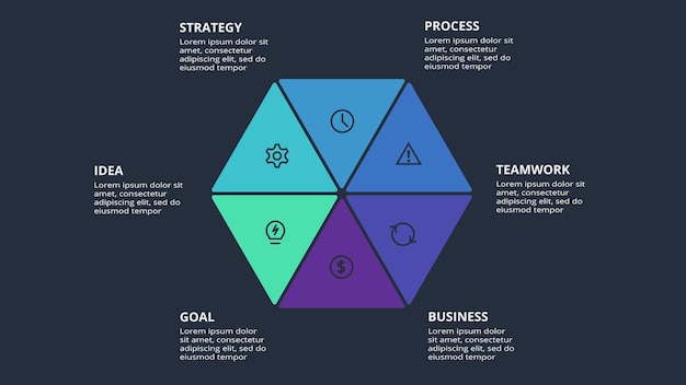 Infografía circular oscura con plantilla de 6 elementos para web en una presentación de negocios de fondo negro Vector