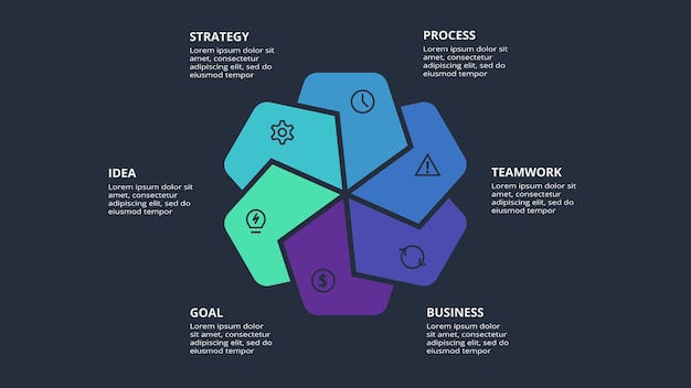 Vector infografía circular oscura con plantilla de 6 elementos para web en una presentación de negocios de fondo negro vector