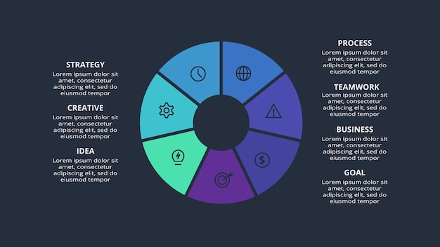 Infografía circular oscura con plantilla de 7 elementos para web en una presentación de negocios de fondo negro