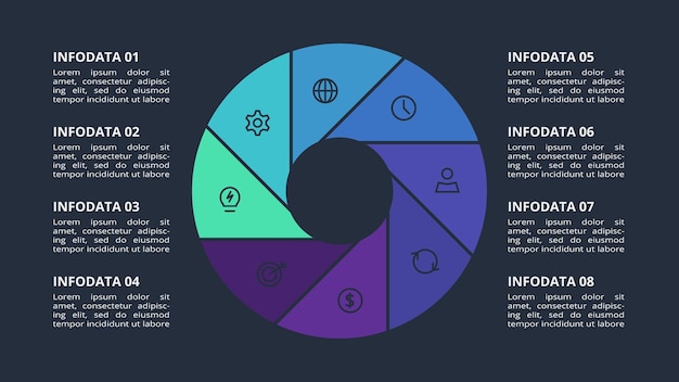 Infografía circular oscura con plantilla de 8 elementos para web en una presentación de negocios de fondo negro