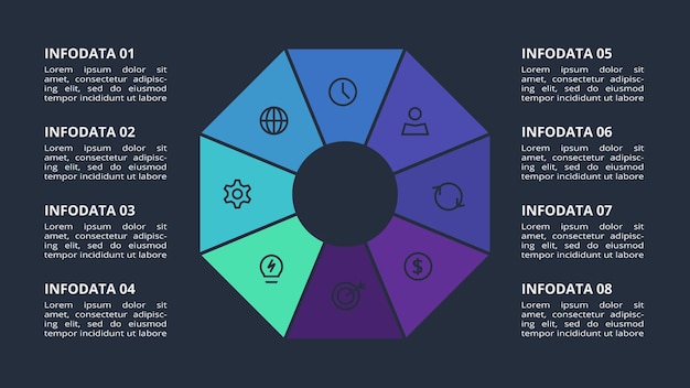 Infografía circular oscura con plantilla de 8 elementos para web en un vector de presentación de negocios de fondo negro
