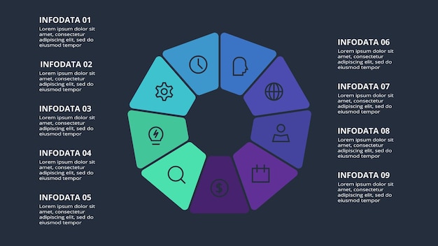 Infografía circular oscura con plantilla de 9 elementos para web en una presentación de negocios de fondo negro