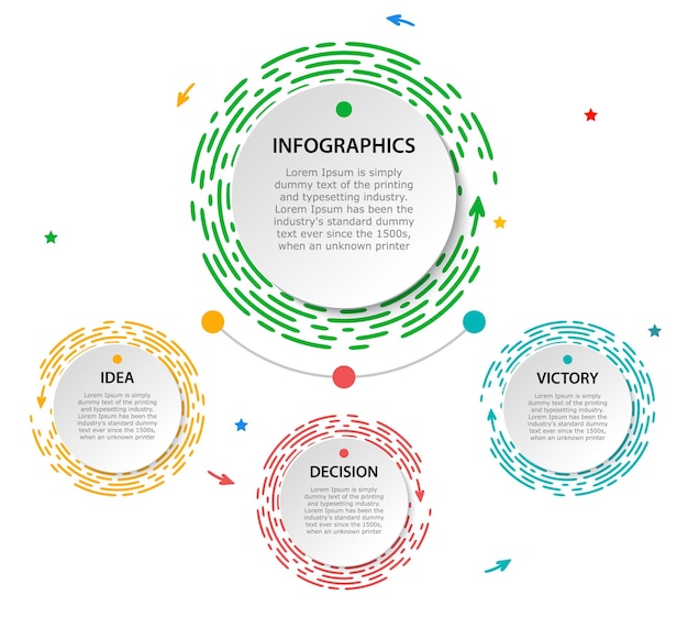 Infografía de círculo brillante con encabezado línea punteada azul verde roja amarilla debajo de la página en blanco