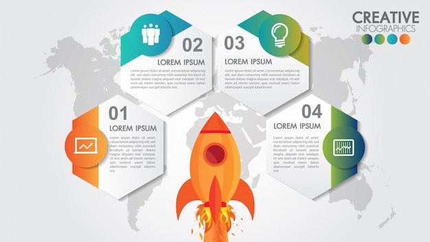 Infografía de círculo de inicio con 4 opciones de lanzamiento de cohetes y mapa mundial estilizado