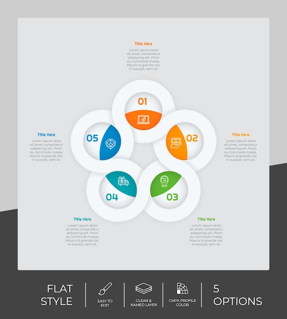 Infografía de círculo de opciones planas con concepto de efecto de papel para finanzas corporativas La infografía de opciones se puede utilizar para folletos de presentación y marketing