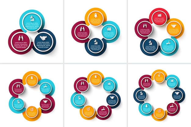 Infografía de círculo vectorial con 3 4 5 6 7 y 8 opciones partes pasos o procesos