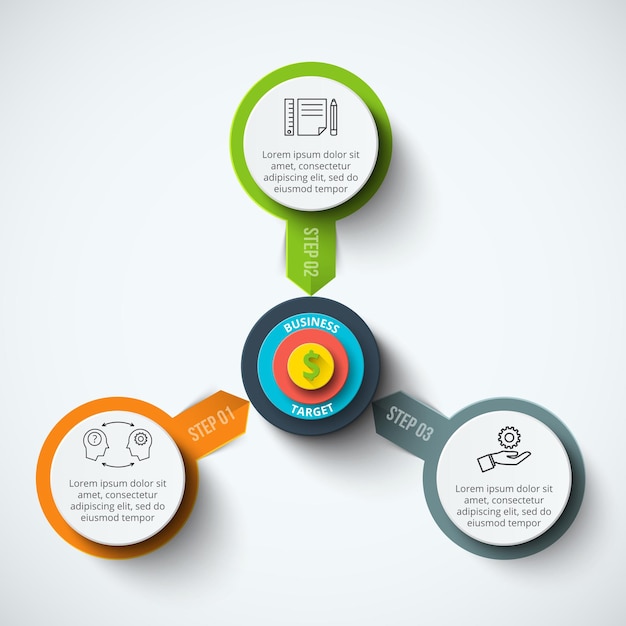 Infografía de círculo vectorial con destino Concepto de negocio con 3 opciones partes pasos o procesos