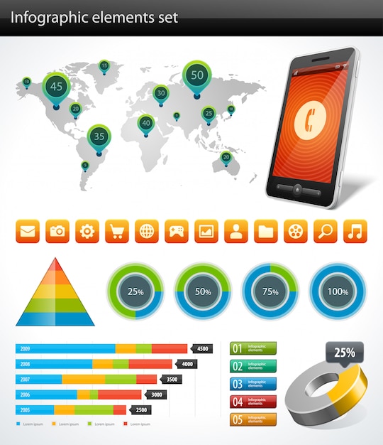 Infografía colección vector gráfico y tablas de diseño de elementos y conjunto de iconos de visualización de datos.