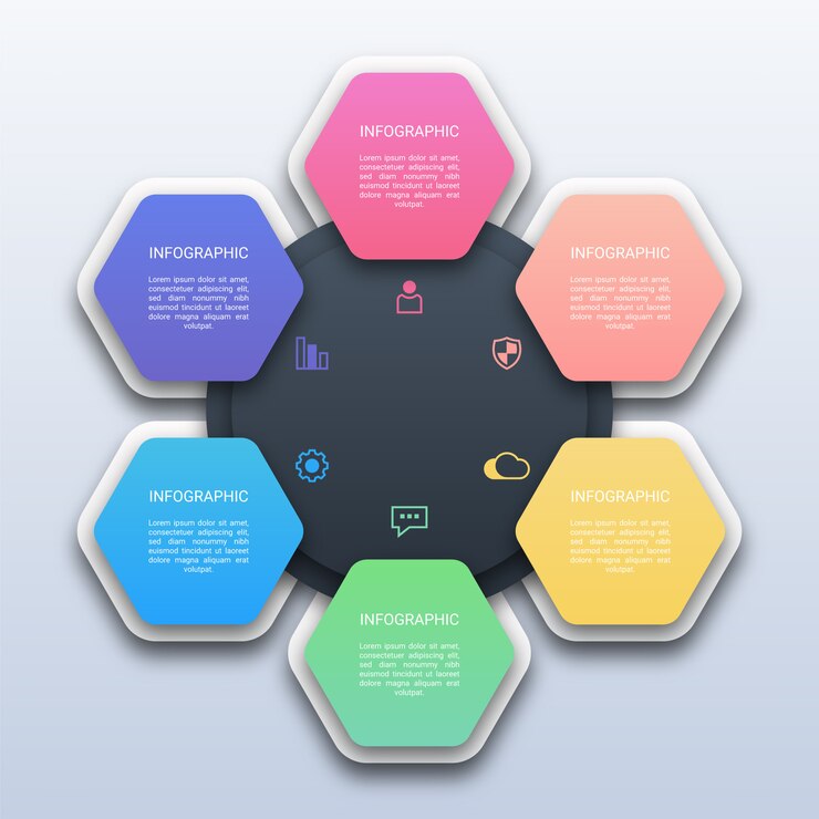 Vector infografía colorida del hexágono de seis opciones