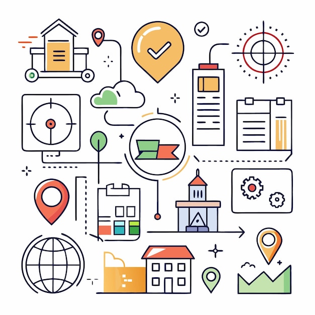 Una infografía colorida de iconos de arte de línea conectados entre sí que muestra la ubicación, la marca de comprobación, el mapa del edificio y la configuración