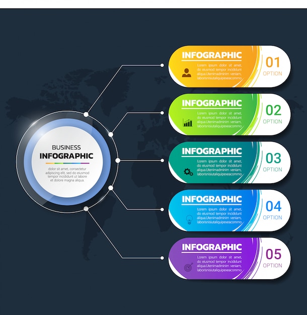 Infografía colorida plantilla 5 opciones. con estilo de trazo de pincel.