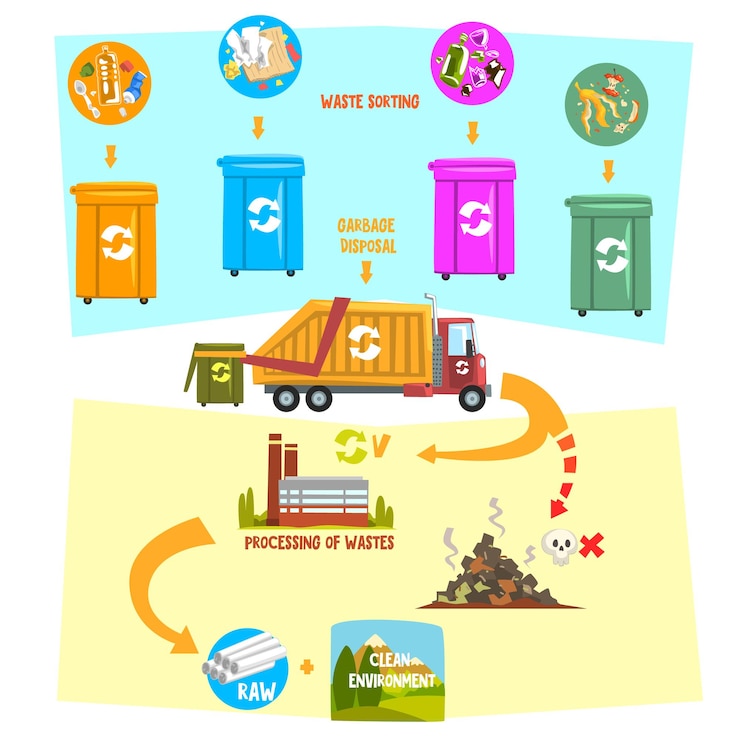 Vector infografía colorida que muestra el proceso de reciclaje de residuos desde contenedores de clasificación de basura hasta el transporte a la fábrica de reciclaje tema de protección del medio ambiente diseño de vectores planos para carteles o pancartas