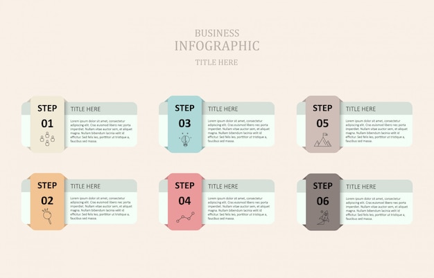 Infografía colorido seis cuadro de texto.