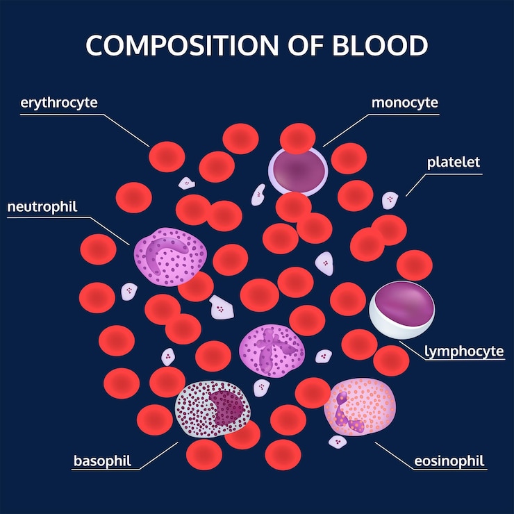 Vector infografía de la composición de las plaquetas de los glóbulos blancos rojos de la sangre bajo un microscopio con nombres
