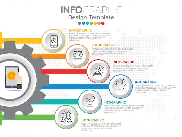 Infografía para concepto de negocio con iconos y 6 opciones o pasos.