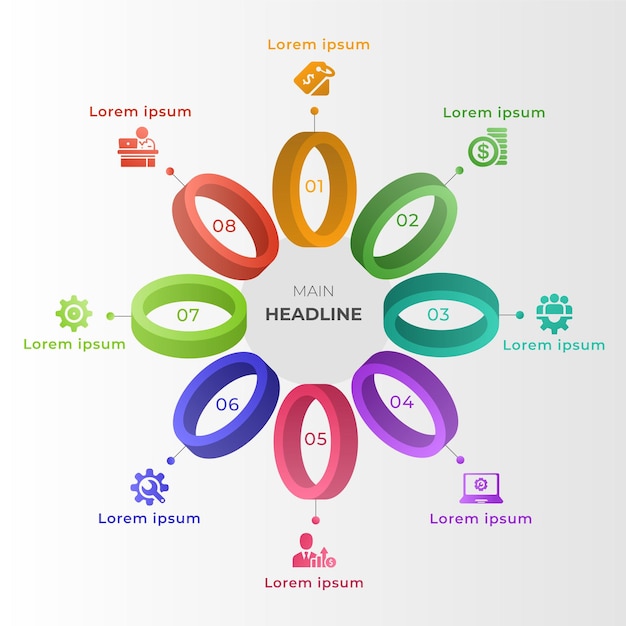 Vector infografía creativa con ocho opciones con formas 3d.