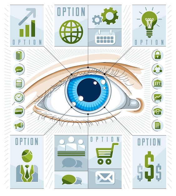 Infografía creativa, ojo humano, idea de mirada, ilustración vectorial.