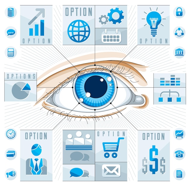 Infografía creativa, ojo humano, idea de ojo mirando, ilustración vectorial.