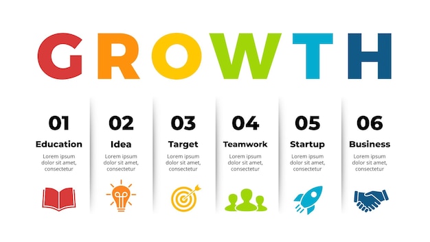 Infografía de crecimiento Plantilla de diapositiva de presentación Gráfico de diagrama de papel con procesos de 6 pasos