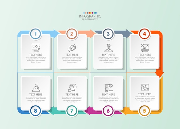Infografía cuadrada con 8 pasos, procesos u opciones.