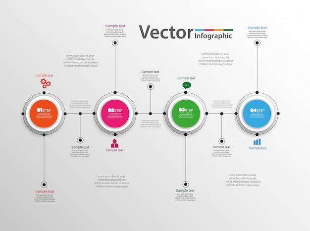 Infografía de cuatro pasos con círculos coloridos