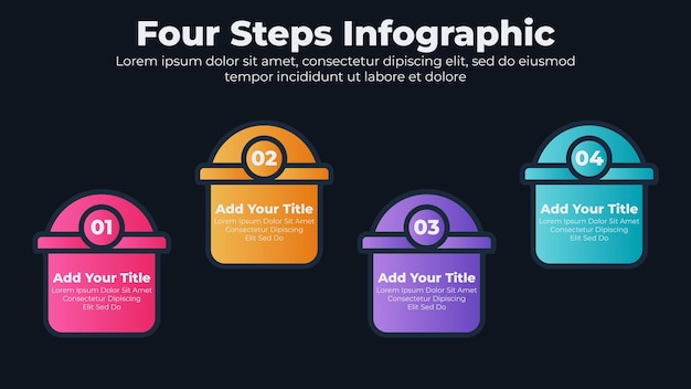 Infografía de diagrama de flujo con 4 pasos o plantilla de negocio de opciones para presentación en tema oscuro